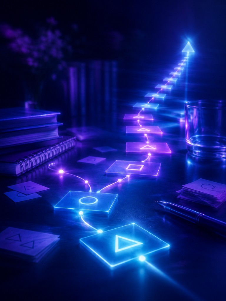 A glowing path of connected concept cards leading upward to mastery